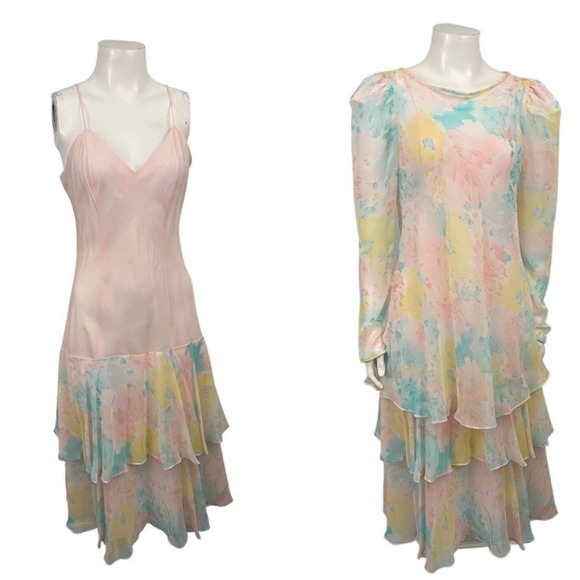Vintage Pastel Layered Slip Dress with Sheer Top / Women's Small - Picture 4 of 4